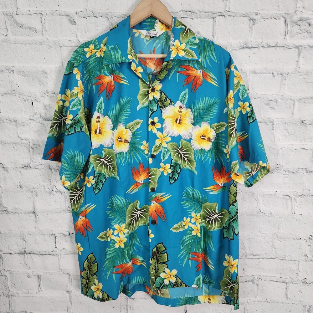 Alvish hawaiian shirt Sz XL blue tropical short sleeve beach party A20